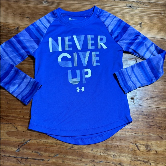 Under Armour Girls Long Sleeve Baseball T-Shirt Never Give Up Graphic Purple 4 - Picture 3 of 8